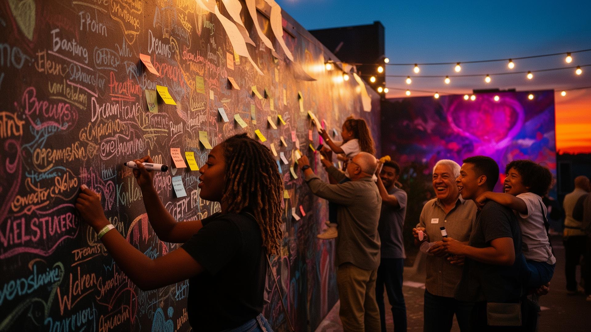A vibrant outdoor DreamWall activation at dusk: diverse community members writing handwritten dreams in chalk and sticky notes across a glowing mural wall, string lights overhead, magenta projections on a side wall