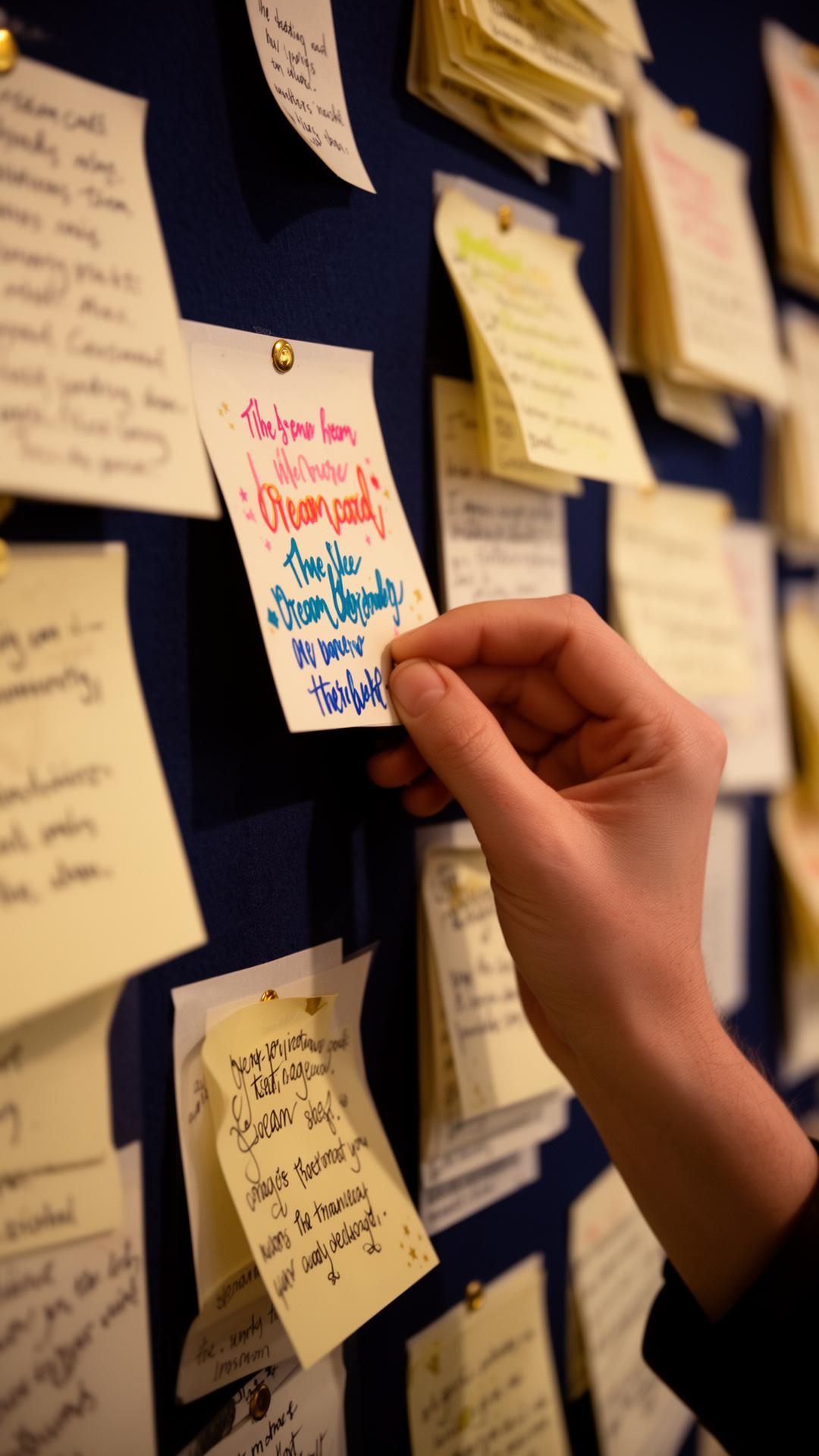 Hand pinning a handwritten dream card to the wall